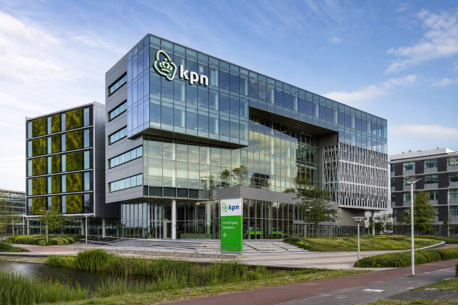 a glass building with a KPN logo on it