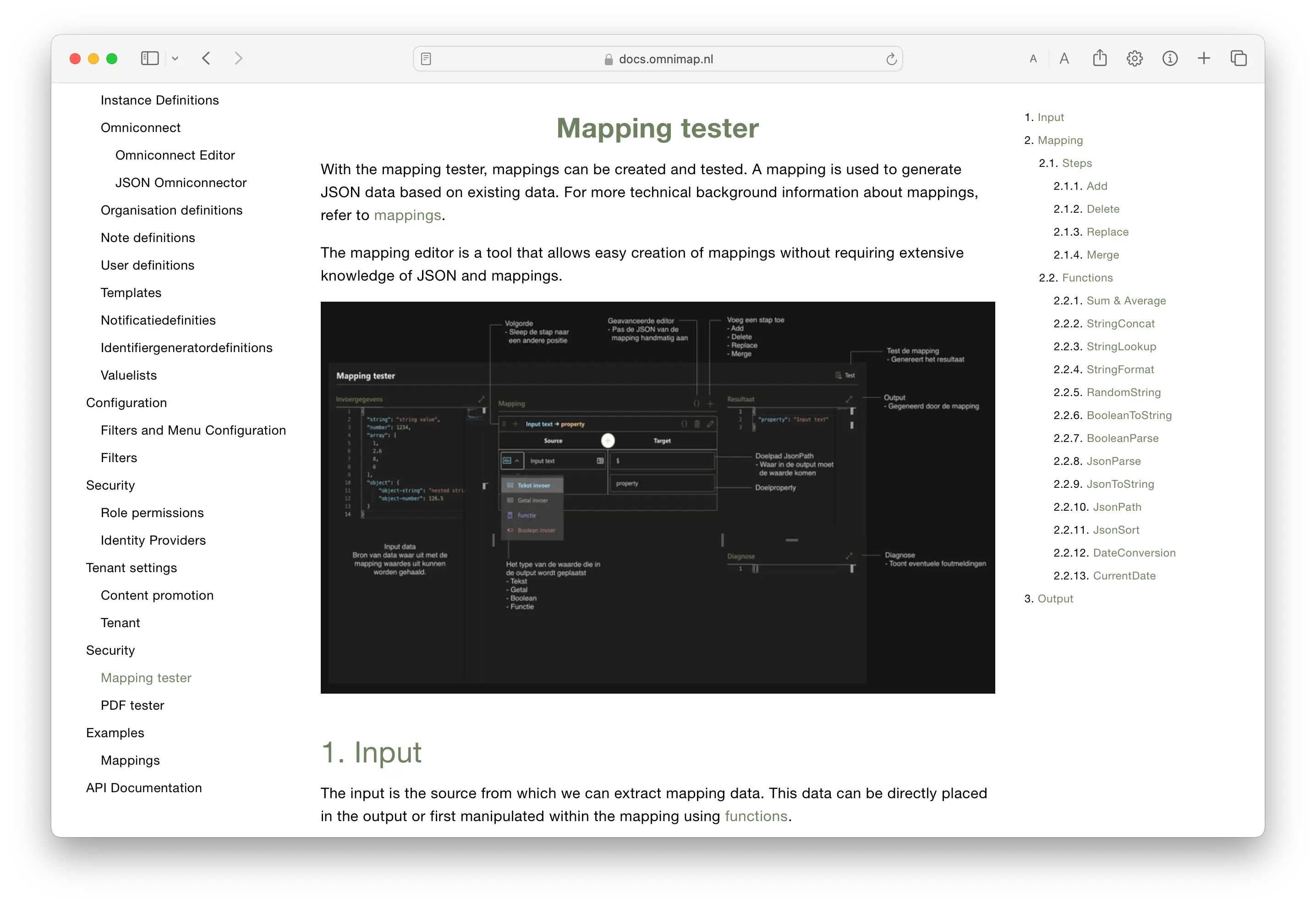 Screenshot of documentation, mapping tester