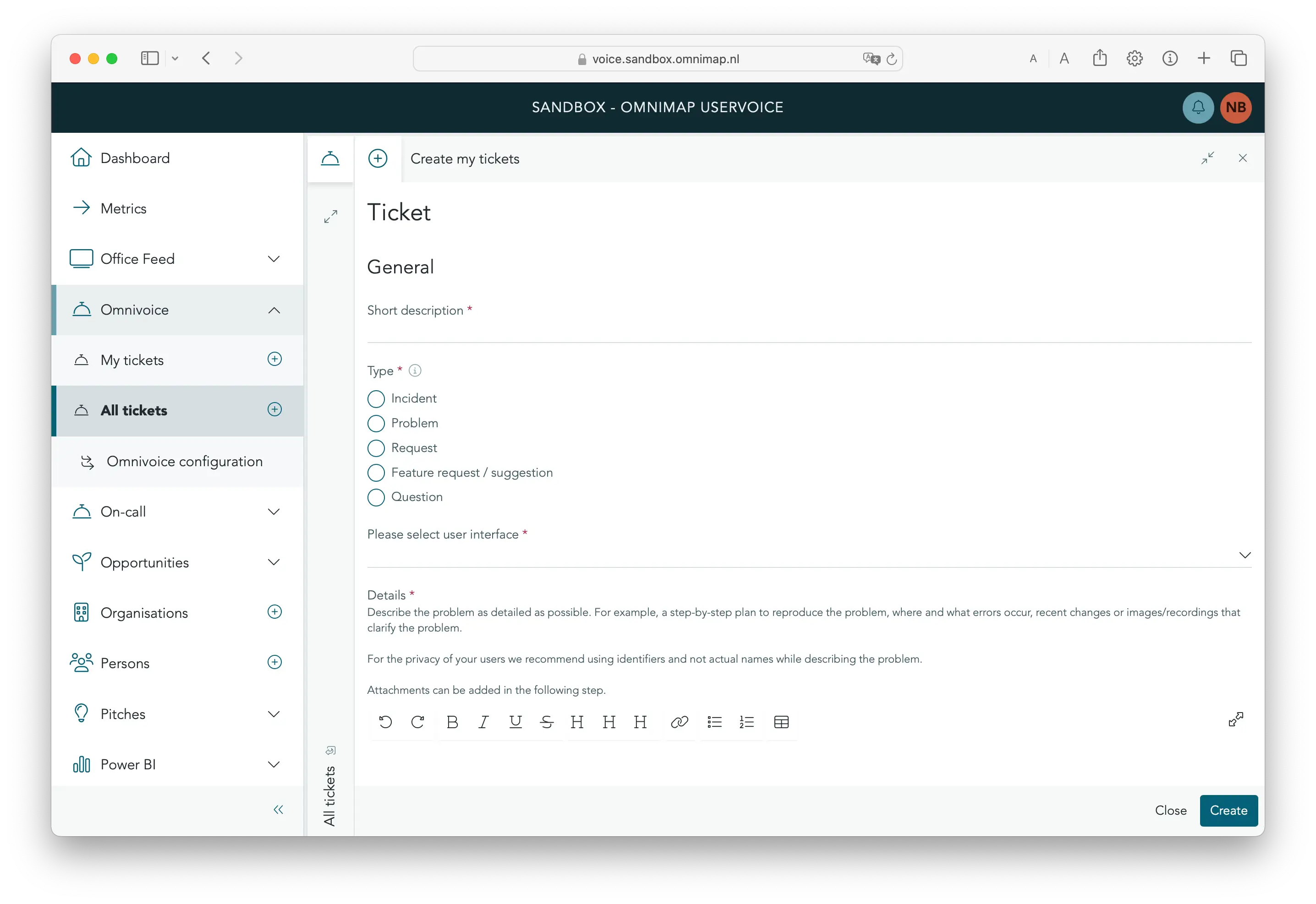 Screenshot from OmniVoice the ticketing system of Omnimap