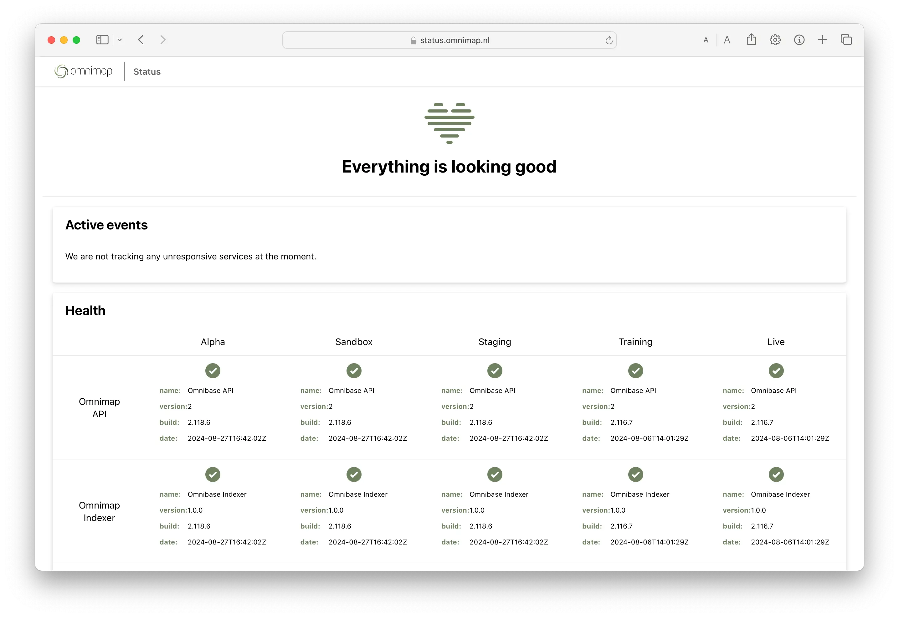 Screenshot of the platform status page of Omnimap